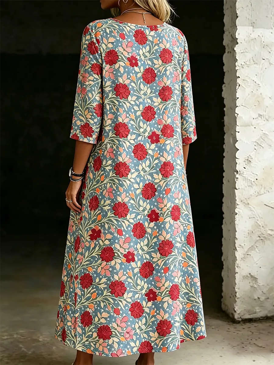 Women's Casual Retro Floral Print Cotton Linen Dress Round Neck And Side Slits