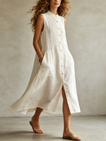 Women's Casual Sleeveless Cotton-linen Pocket Flowy Maxi Dress