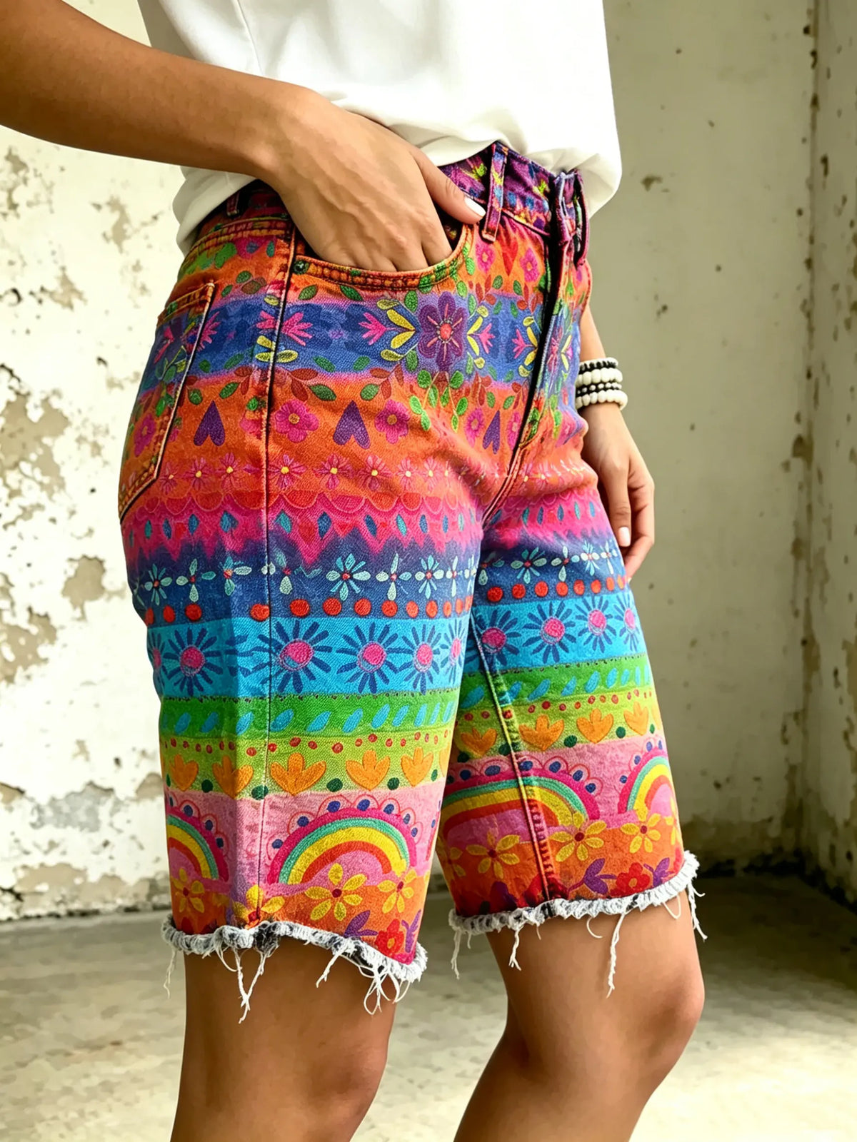 Women's Vividly Rainbow Floral Totem Art Print Casual Denim Shorts