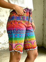 Women's Vividly Rainbow Floral Totem Art Print Casual Denim Shorts