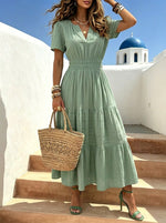 Women’s Solid-color V-neck Short Sleeve Elastic Waistband Pocket Maxi Dress