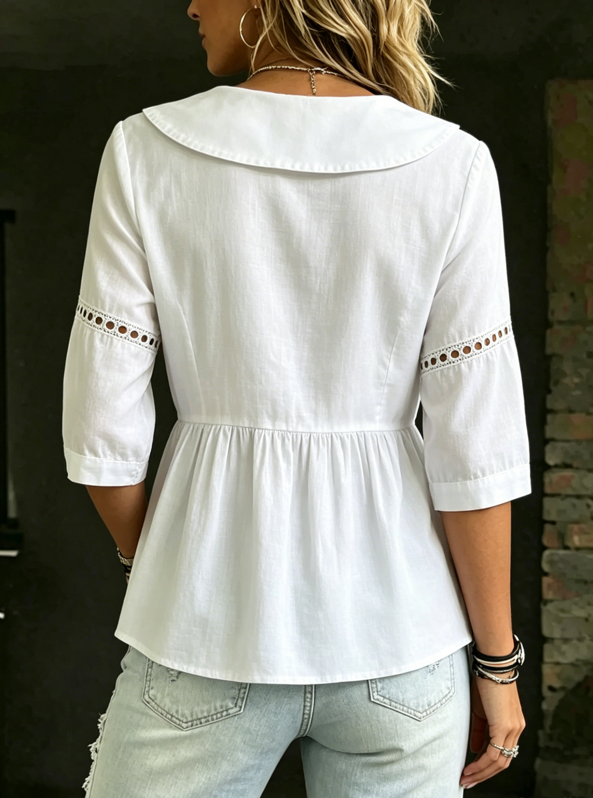Women's Elegant Lace Hollow Out Blouse - Doll Collar Ruffle Peplum Top