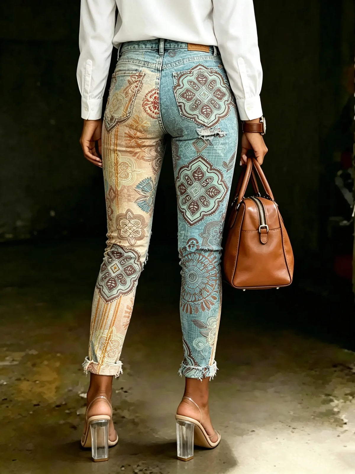 Women's Vintage Ethnic Totem Print Casual High-waisted Ripped Skinny Jeans