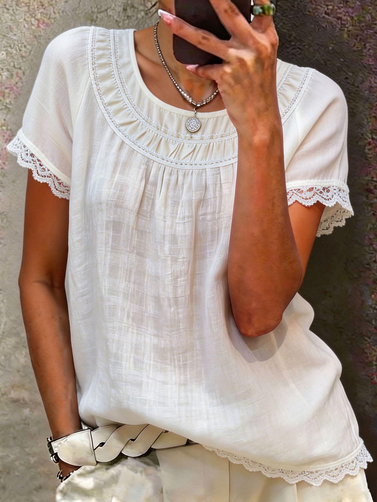 Women's Round-neck Lace-trimmed Short-sleeve Cotton-linen Top