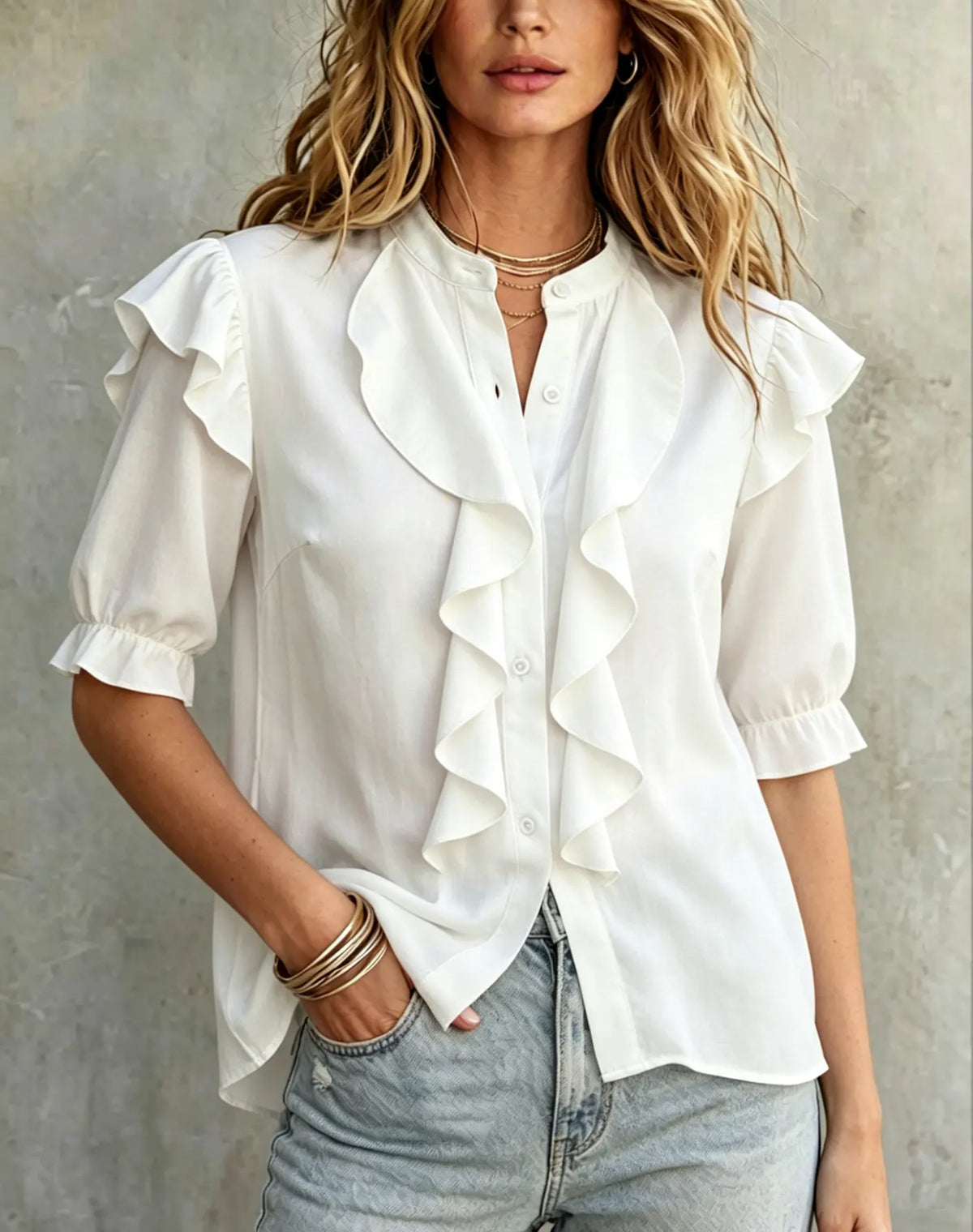 Women's Elegant Stand Collar Ruffle Trim Blouse