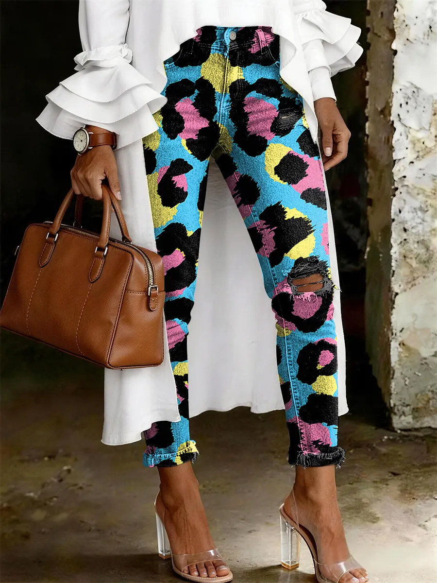 Women's Fashion Casual Multicolor Leopard Print Ripped Skinny Jeans
