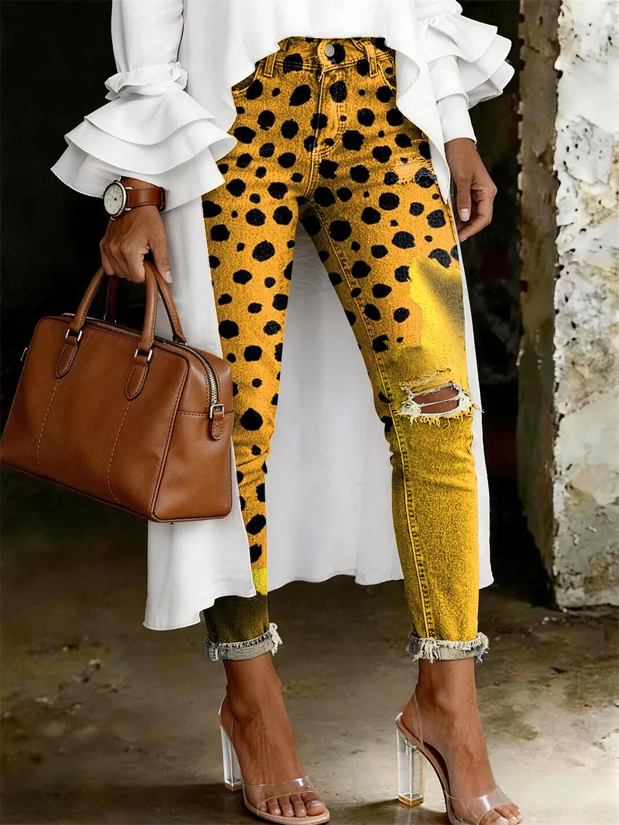 Women's Fashion Casual Leopard Print Ripped Skinny Jeans