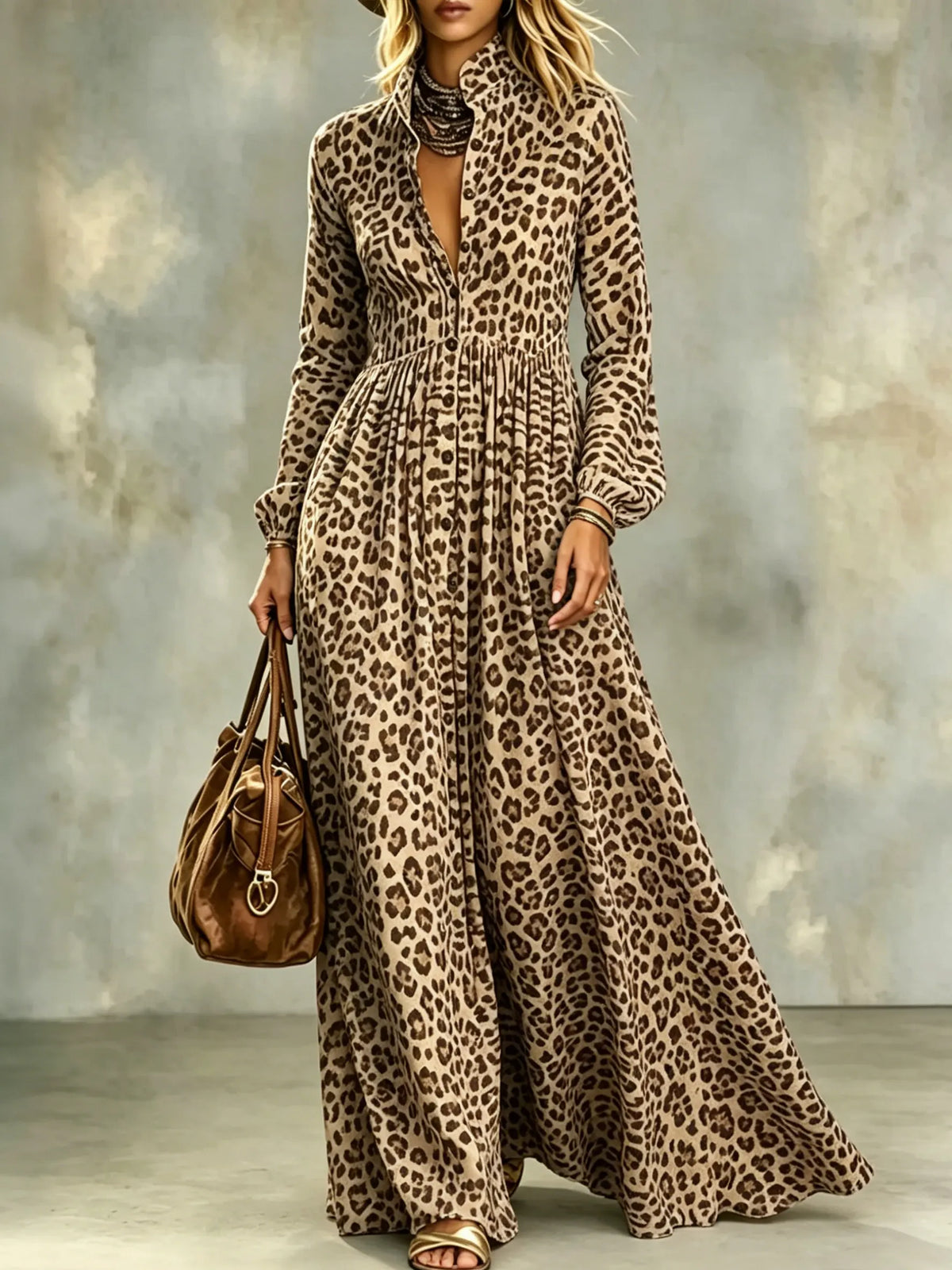Women's Retro Leopard Turn-down Collar Shirt Dress