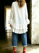 Women's Solid Crew Neck Tiered Ruffle High Low Blouse