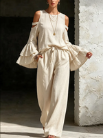 Women's Loose Cotton Off-the-shoulder Bell Sleeves Shirt And Pants Two-piece Set
