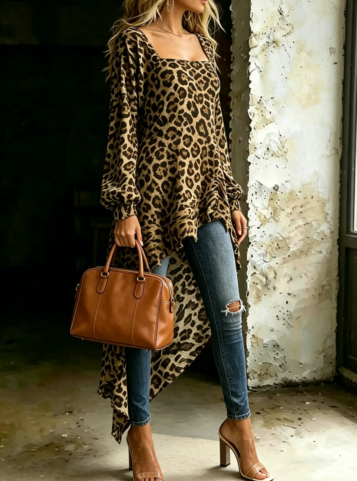 women's Leopard Print Square Neck High Low Blouse