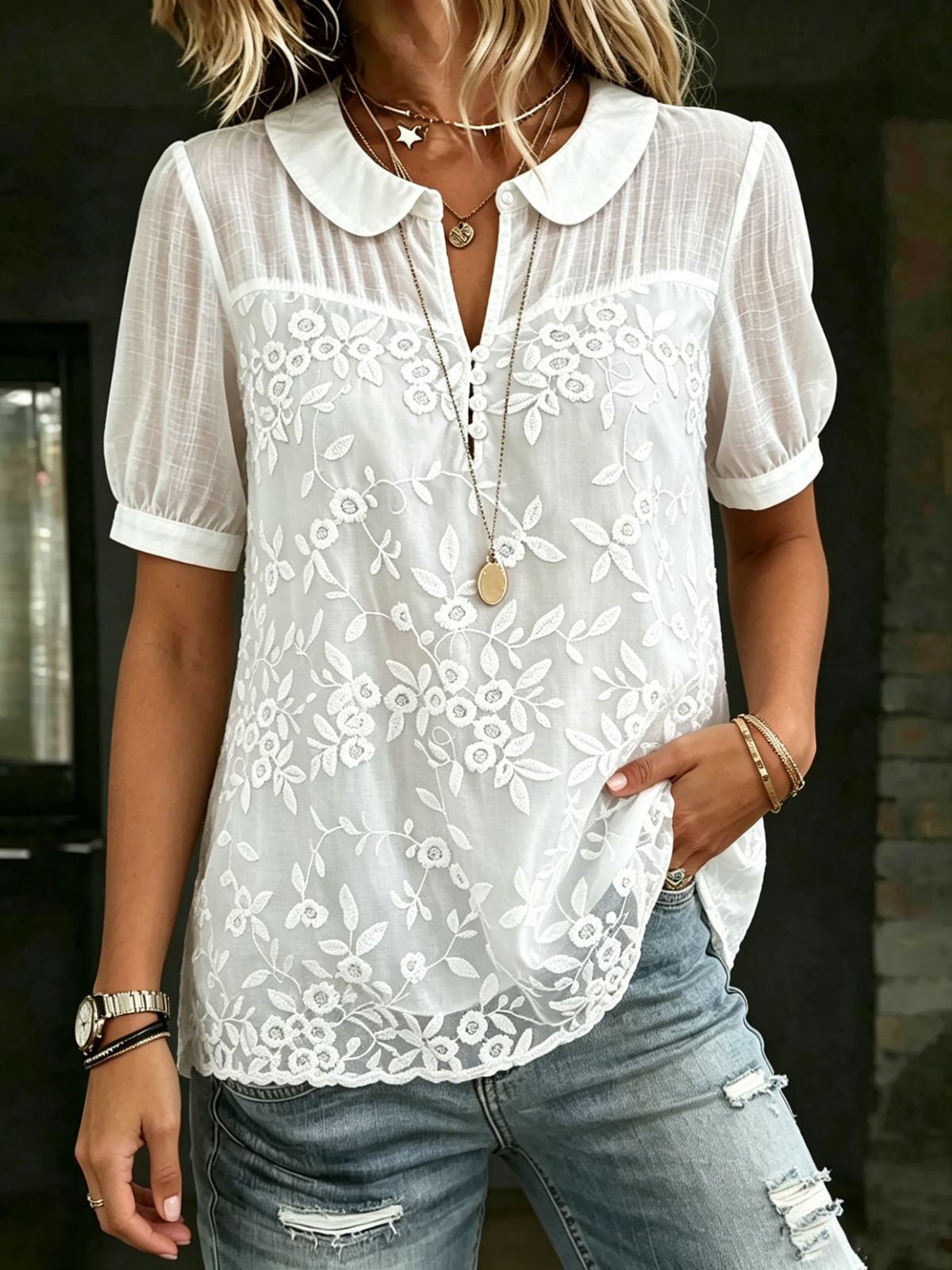 Women's Cotton-linen Blend Floral Peter Pan Collar Puff-sleeve Shirt