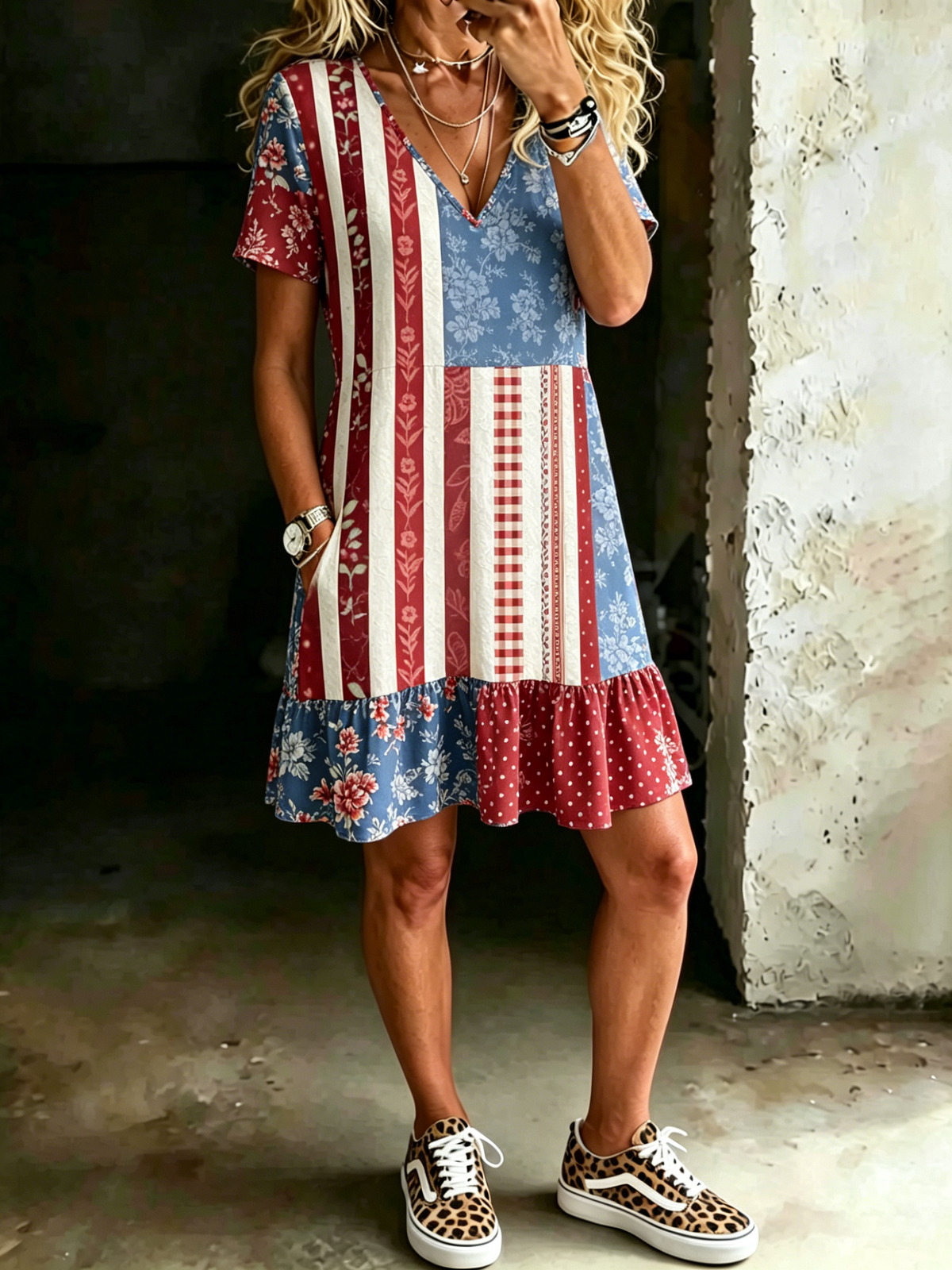 Women's American Stripe Print V-neck Short-sleeve Dress