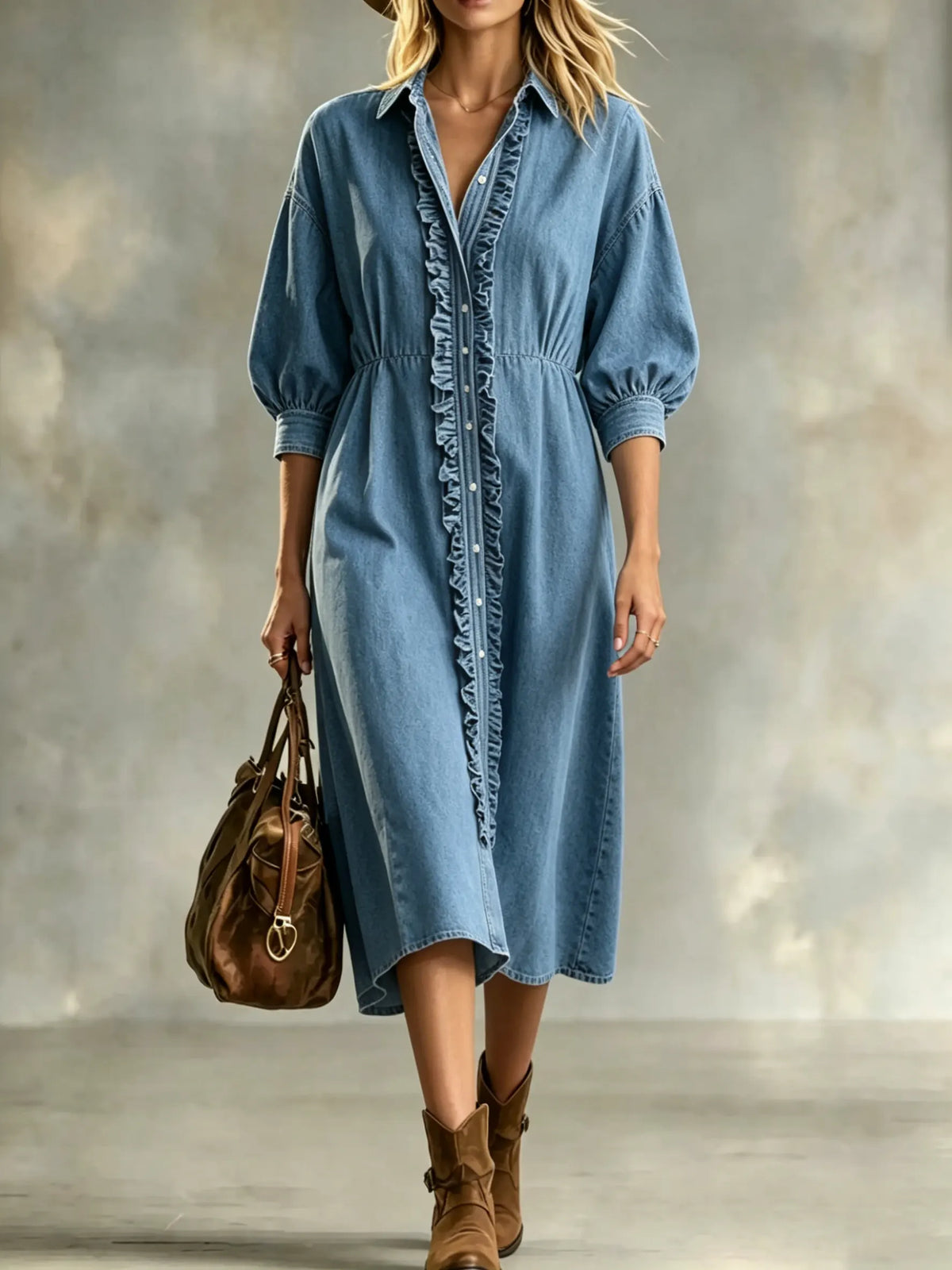 Women's Ruffle Denim Midi Dress - Puff Sleeve Button Down Western Jean Shirt Dress
