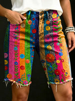 Women's Floral Art Print Casual Denim Shorts