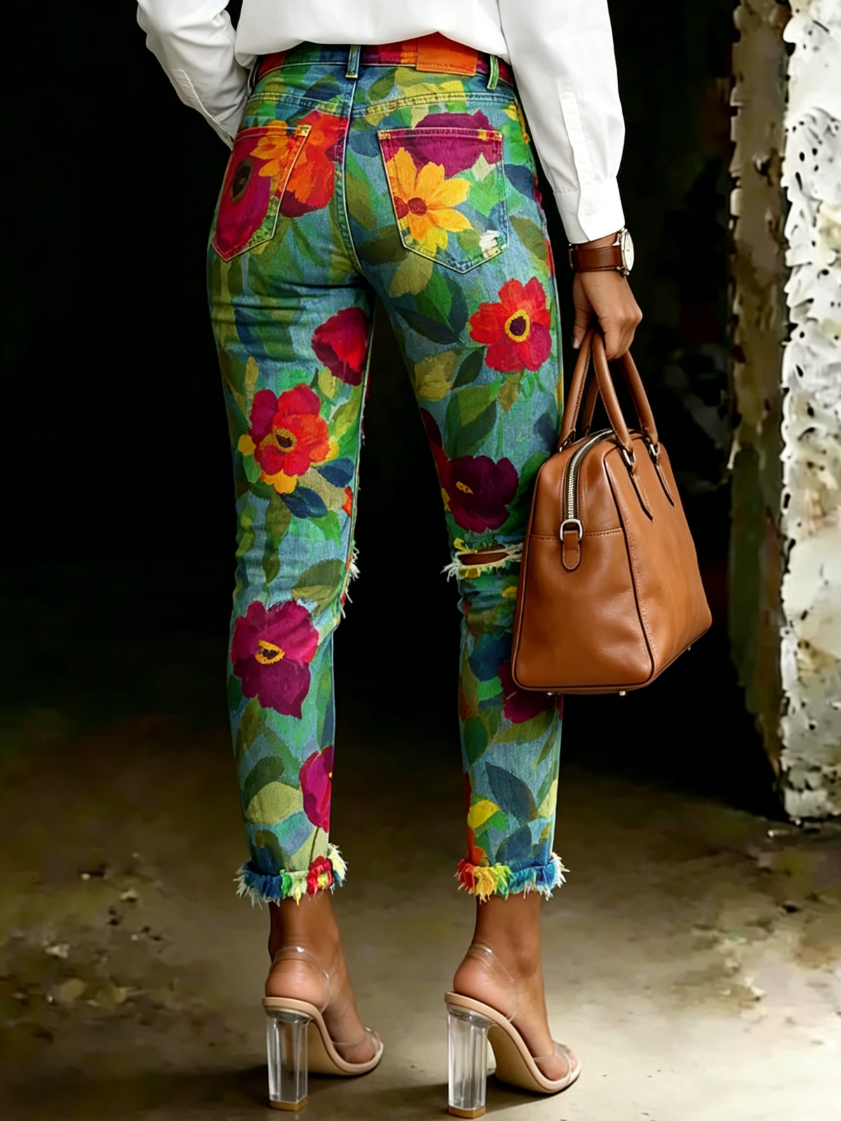 Women's Retro Colorful Floral Art Ripped Skinny Jeans