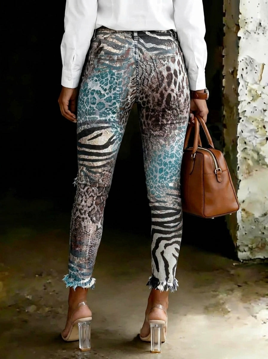 Women's Leopard Print Art Ripped Skinny Jeans