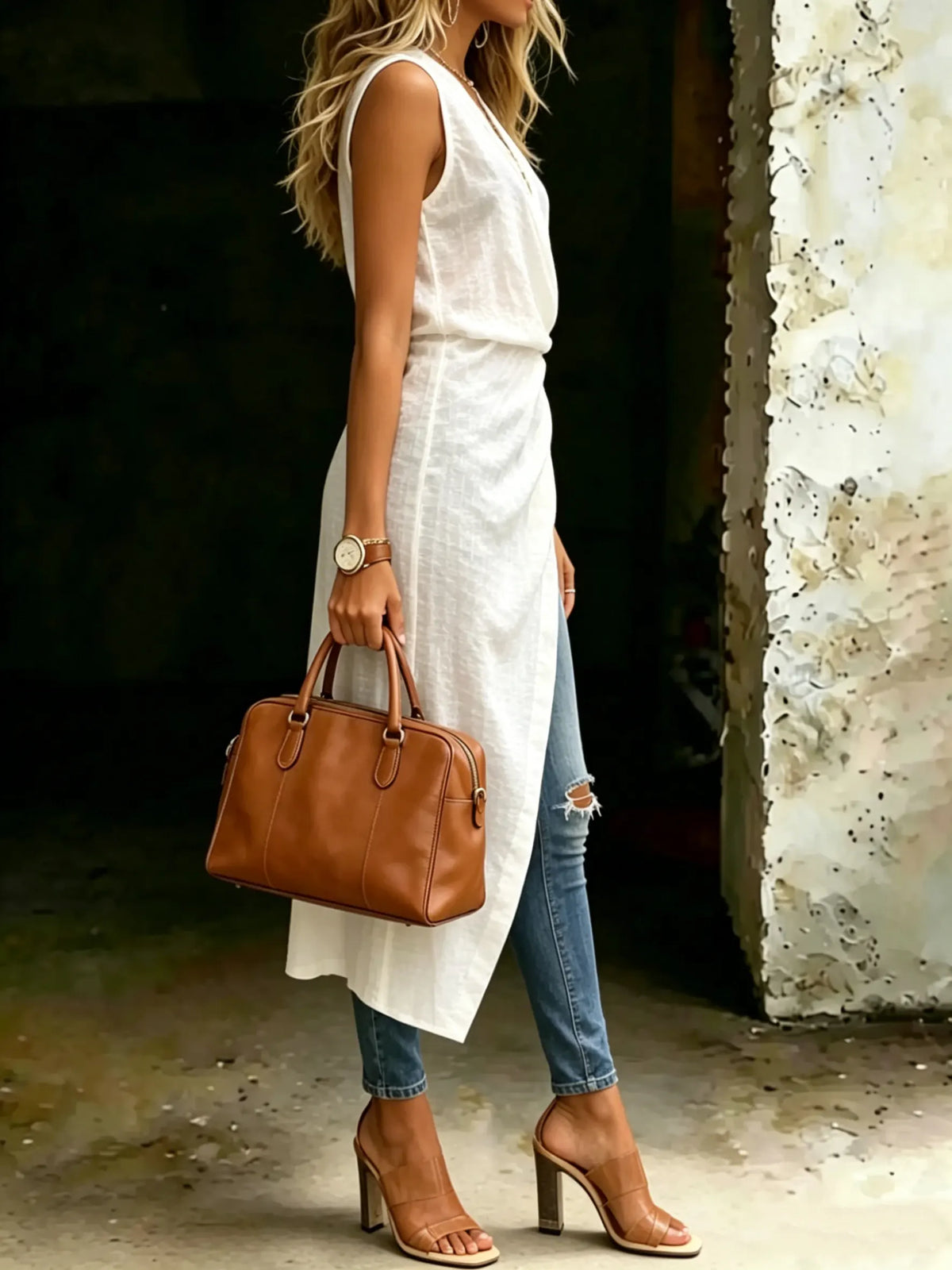 Elegant Twisted Front Sleeveless Longline Blouse Solid Slit Tunic Top