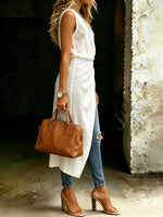 Elegant Twisted Front Sleeveless Longline Blouse Solid Slit Tunic Top