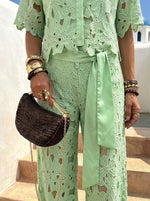 Women‘s Solid-color Cut-out Cardigan Top And Wide-leg Pants Two-piece Set For Women
